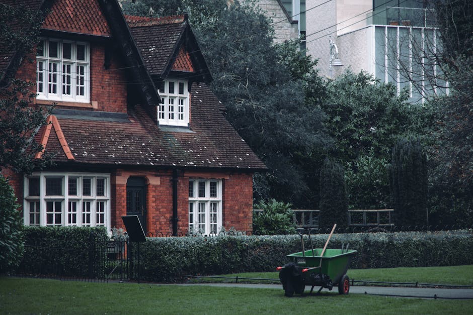 A metal wheelbarrow with a large single black rubber wheel positioned on a grassy lawn, filled with a mixture of garden waste including wilted flowers, clippings, dried leaves, and some small branches